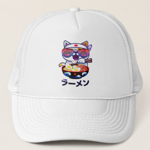Kawaii Cat Eating Ramen - Cute Japanska Noodles Keps