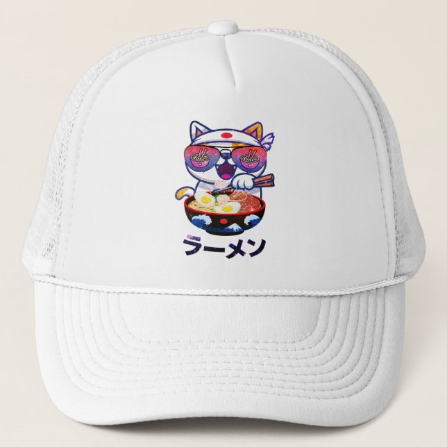 Kawaii Cat Eating Ramen - Cute Japanska Noodles Keps (Framsida)