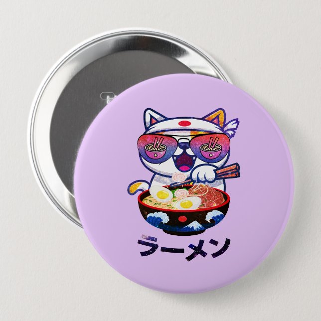 Kawaii Cat Eating Ramen - Cute Japanska Noodles Knapp (Framsida & baksida)