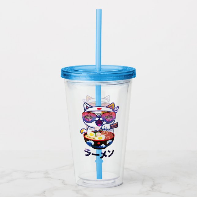 Kawaii Cat Eating Ramen - Cute Japanska Noodles Take Away Mugg (Framsida)