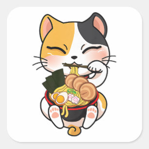 Kawaii Cat Eating Ramen Japansk Food Djurälskare Fyrkantigt Klistermärke