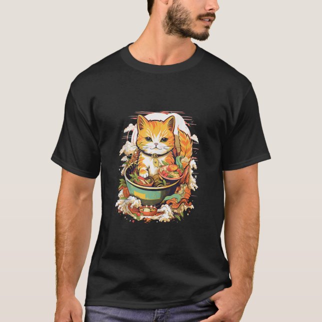 Kawaii Cat Eating Ramen Noodle I Verkligen Kärlek T Shirt (Framsida)