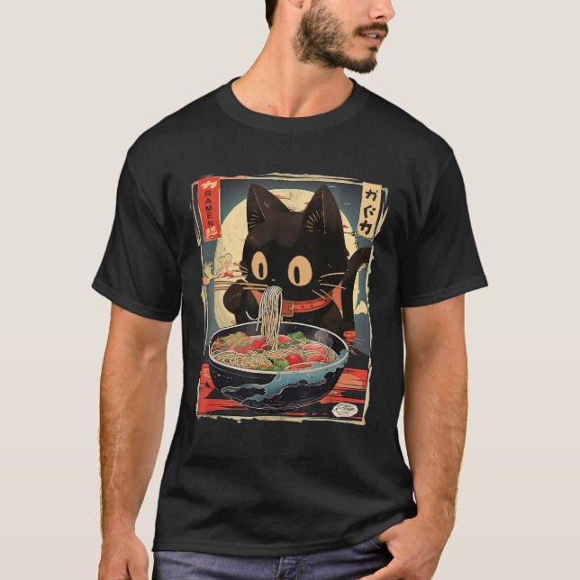 Kawaii Cat Eating Ramen Noodles Anime Gift Girls T Shirt (Framsida)