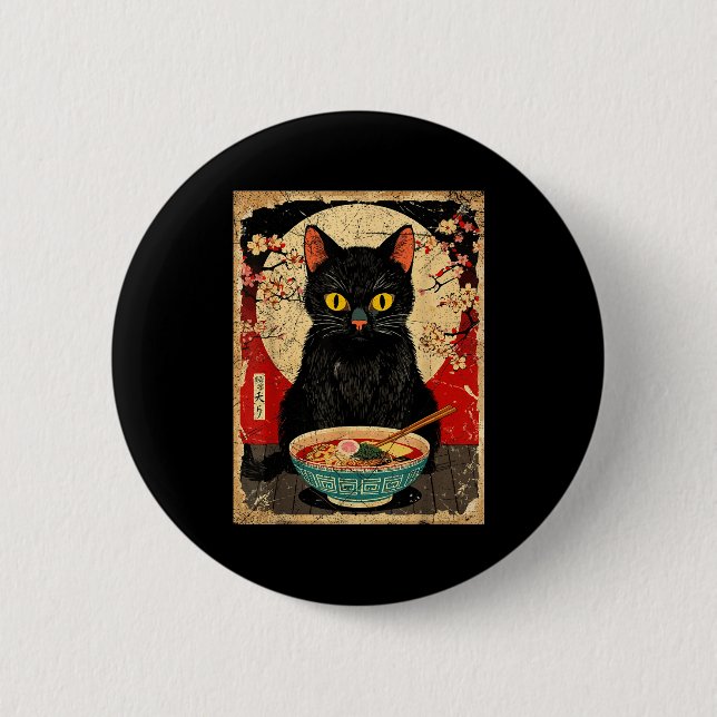Kawaii Cat Eating Ramen Noodles Funny Anime Gift G Knapp (Framsida)