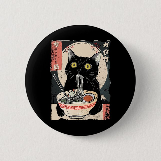 Kawaii Cat Eating Ramen Noodles Funny Anime Gift G Knapp (Framsida)