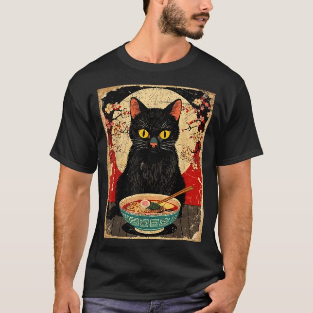 Kawaii Cat Eating Ramen Noodles Funny Anime Gift G T Shirt (Framsida)