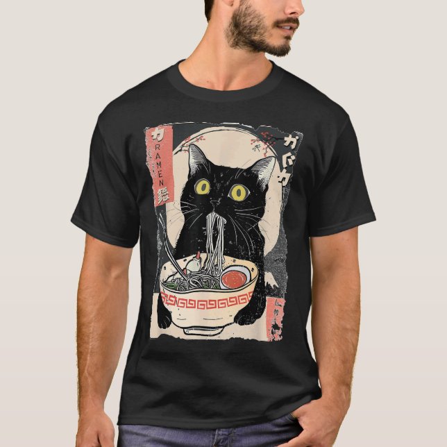 Kawaii Cat Eating Ramen Noodles Funny Anime T Shirt (Framsida)