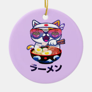 Kawaii Cat Eating Ramen Noodles Julgransprydnad Keramik