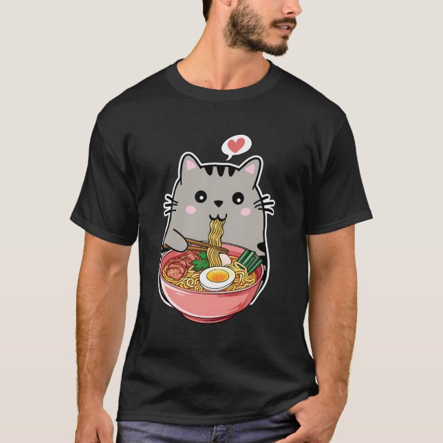Kawaii Cat Eating Ramen Noodles Kawaii Anime Cat R T Shirt (Framsida)