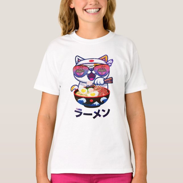 Kawaii Cat Eating Ramen Noodles T Shirt (Framsida)
