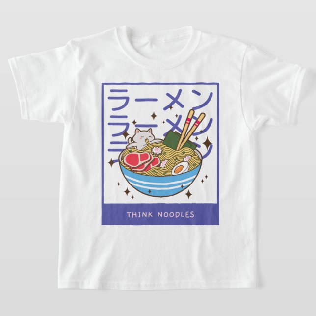 Kawaii Cat Eating Spaghetti 40 T Shirt (Laydown)