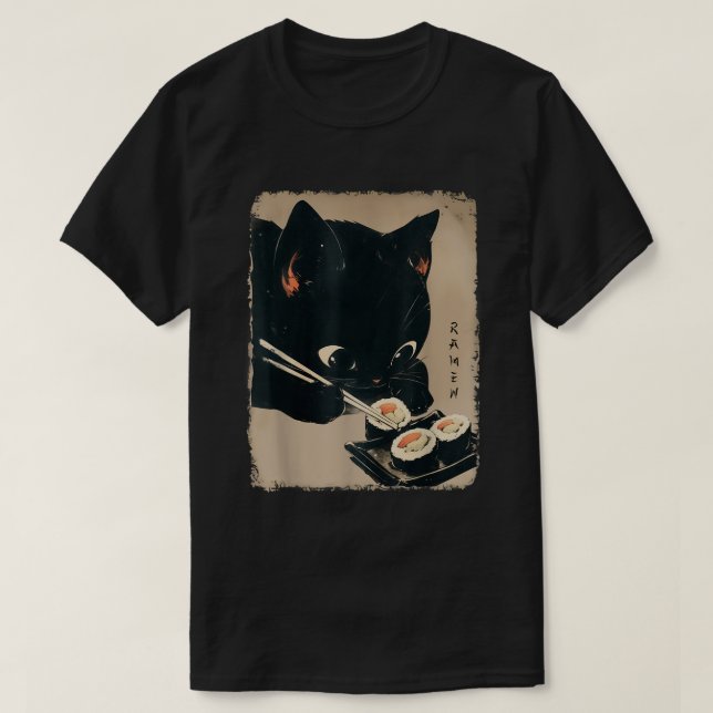 Kawaii Cat Eating Sushi Japansk anime Cute Cat T Shirt (Design framsida)