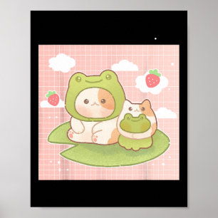 Kawaii Cat Frog Strawberry Retro 90 s Cottagecore Poster