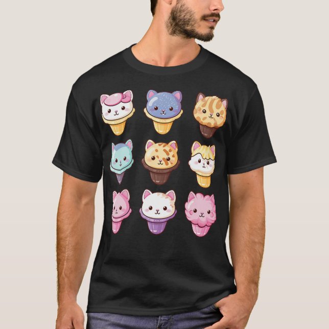 Kawaii Cat Ice Cream Sweets Food Lover (2) T Shirt (Framsida)
