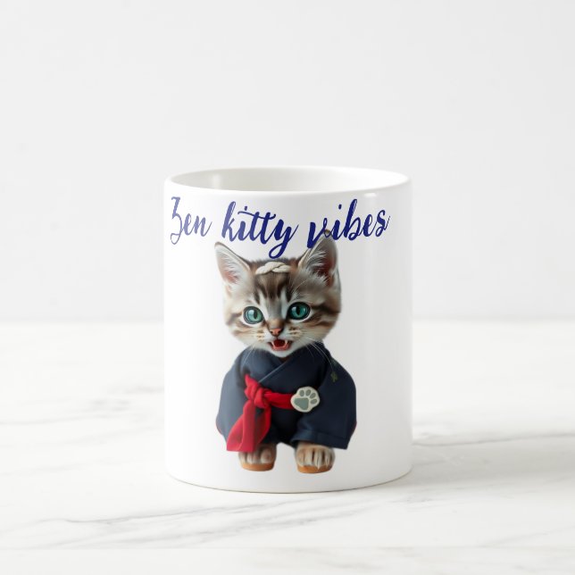 😻 Kawaii Cat in Blue Kimono - Japanese Style Art Kaffemugg (Center)
