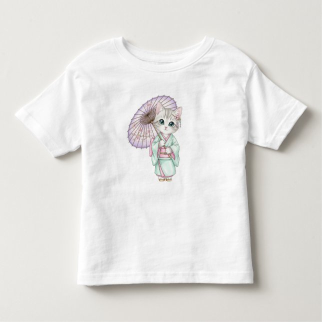  Kawaii Cat in  Kimono, by Natasha Us   T Shirt (Framsida)