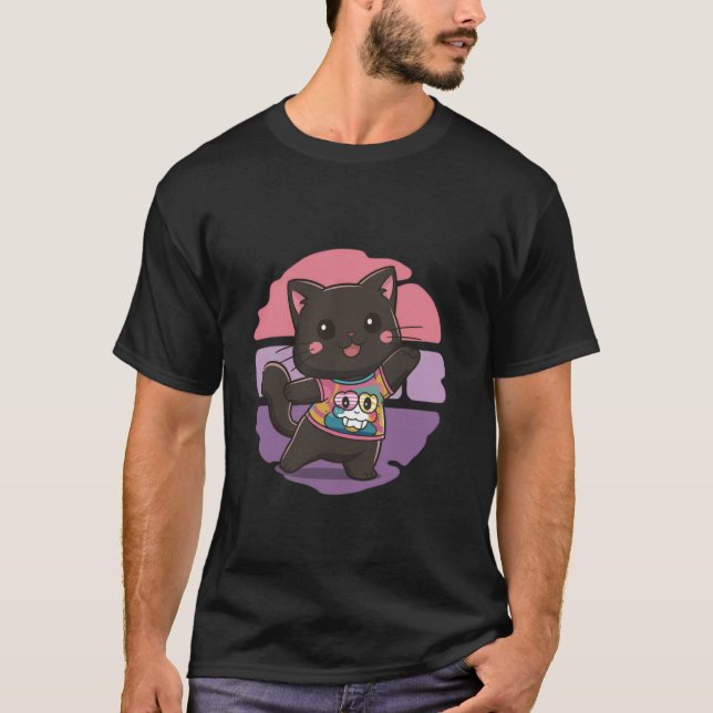 Kawaii cat Japanese black anime cat lover T Shirt (Framsida)
