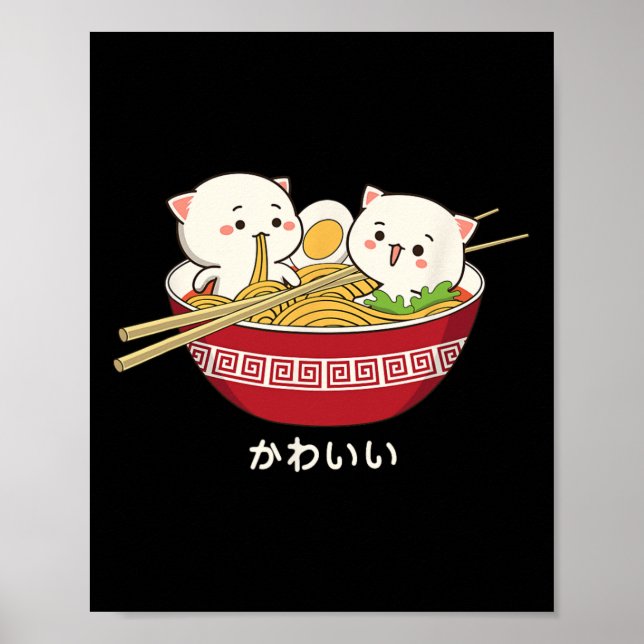 Kawaii Cat Japanska Tokyo Anime Cat Ramen T Shirt Poster (Framsidan)
