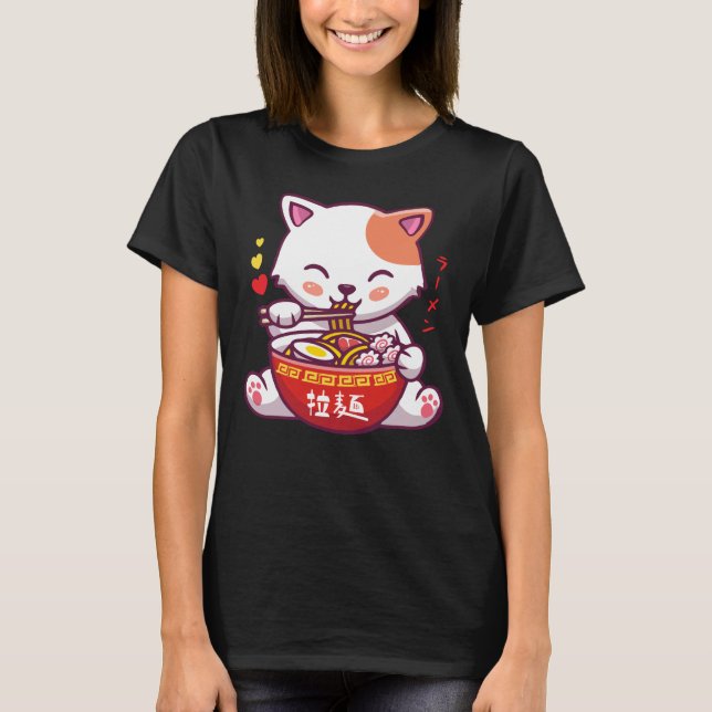 Kawaii Cat kärlek Ramen | Anime Kattunge äter Rame T Shirt (Framsida)