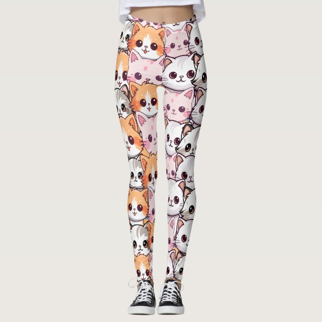 Kawaii Cat kattdjur Kitten pet ansikte doodle pat Leggings (Framsida)