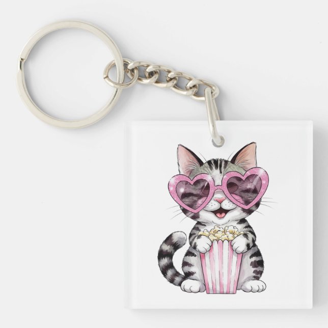 Kawaii Cat Keychain - Cute Popcorn Älskare Kattung (Framsidan)
