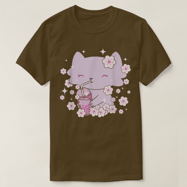 Kawaii Cat med Bubble Tea och Boba tea och Sakura T Shirt (Design framsida)