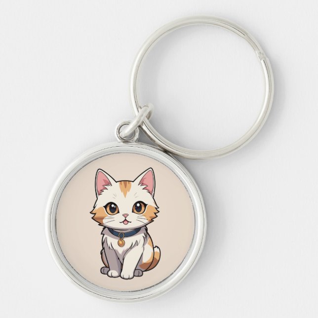Kawaii Cat med Kattdjur Charm Rund Silverfärgad Nyckelring (Framsidan)
