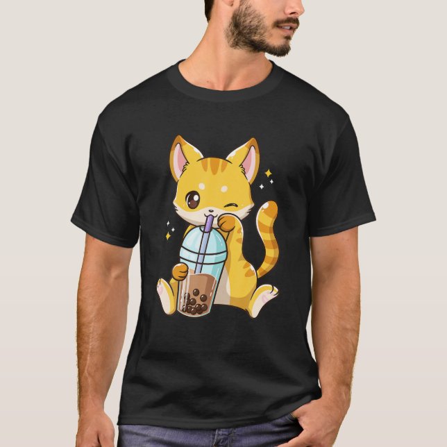 Kawaii Cat Neko Kattunge Boba Cute Bubble Mjölk Te T Shirt (Framsida)