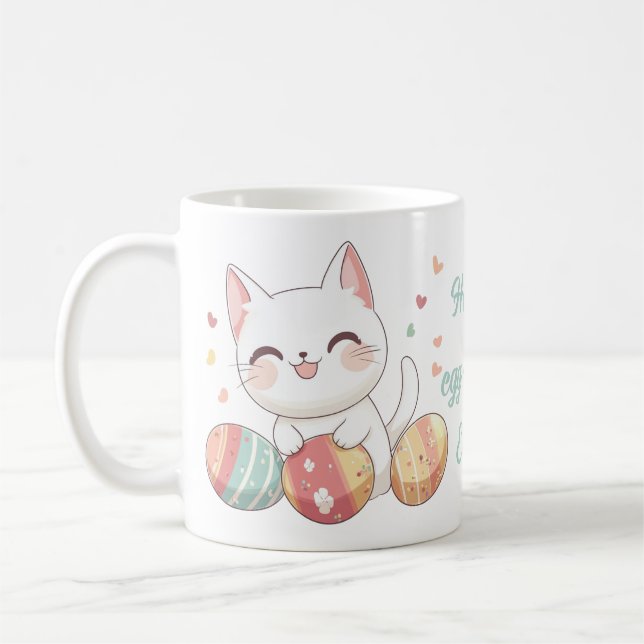 Kawaii Cat Påsk Mugg med ägg - Cat Lovers Gift (Vänster)