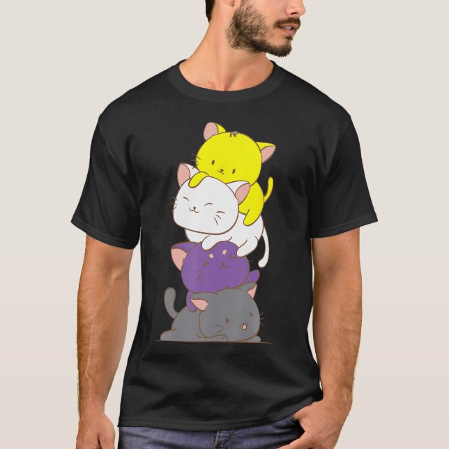 Kawaii Cat Pile T-Shirt Lgbtq Icke-binärt Pride Fl (Framsida)
