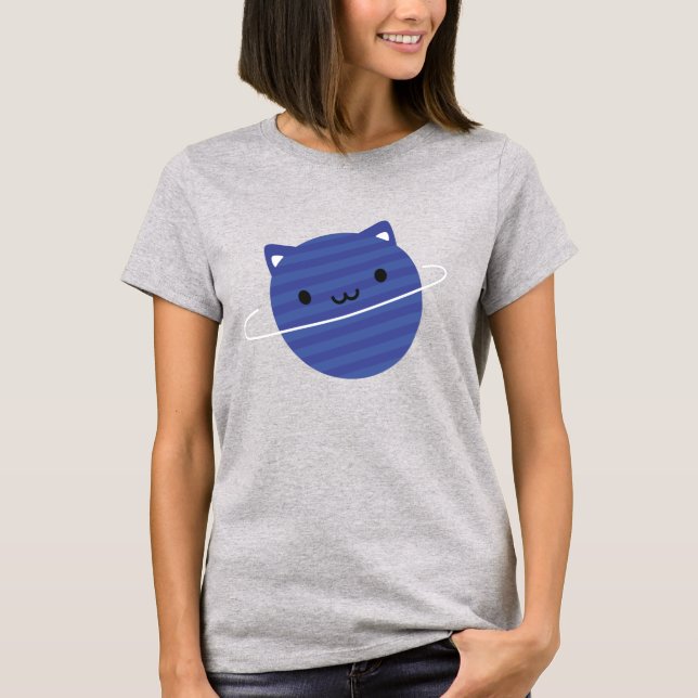 Kawaii Cat Planet i Space T Shirt (Framsida)