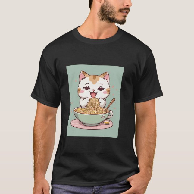 Kawaii Cat Ramen Cute Chibi japansk Saker Design T Shirt (Framsida)