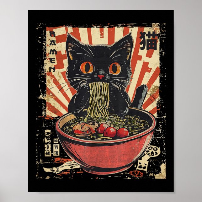 Kawaii Cat Ramen Noodle Funny Japanska Anime Manga Poster (Framsidan)