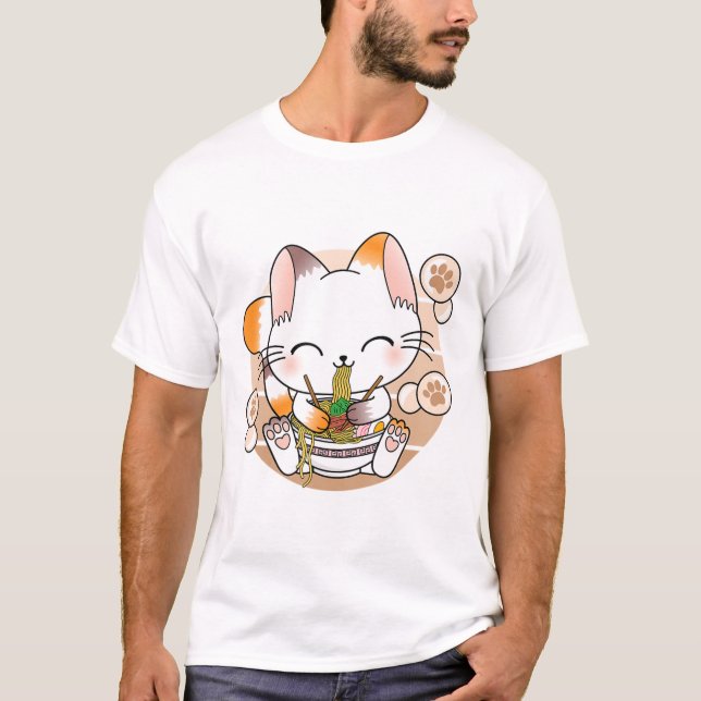 Kawaii Cat Ramen Noodles Otaku Japansk Anime Neko T Shirt (Framsida)