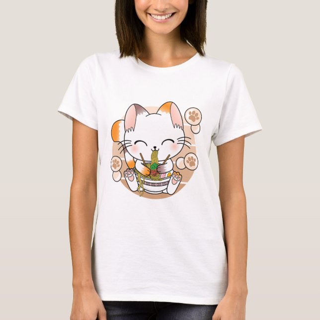Kawaii Cat Ramen Noodles Otaku Japansk Anime Neko T Shirt (Framsida)