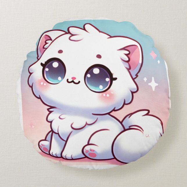Kawaii Cat round Pillow Rund Kudde (Framsidan)