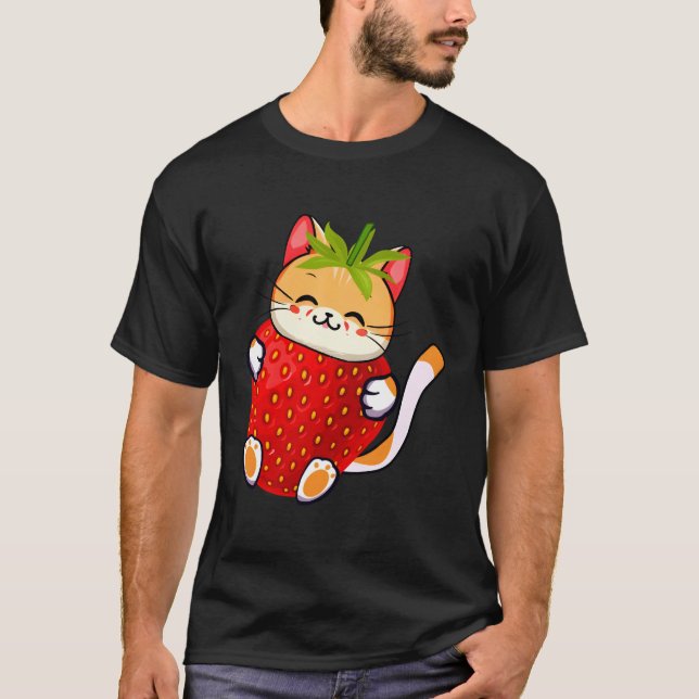 Kawaii Cat Strawberry Mjölk Japansk Anime T Shirt (Framsida)