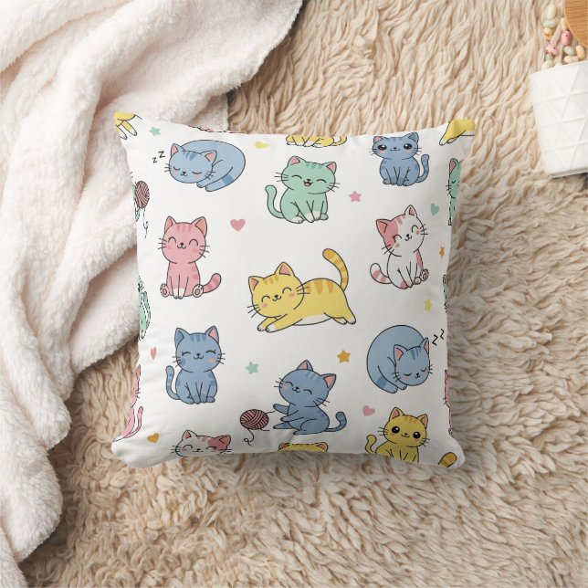 Kawaii Cat Tecknad Mönster Pillow Kudde (Filt)