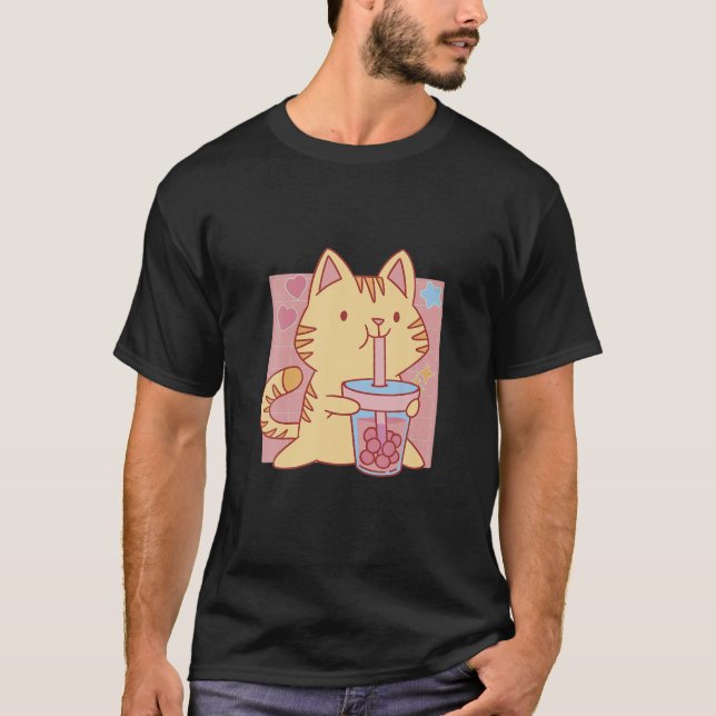 Kawaii Cat with Boba Tea Cat Drinking Bubble Tea T Shirt (Framsida)