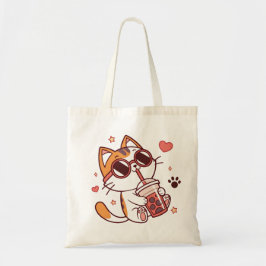 Kawaii Cat with Boba Tea Tote Bag - Hearts & Stars Tygkasse