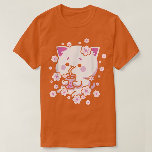 Kawaii Cat with Bubble Tea and Boba tea and Sakura T Shirt (Design framsida)