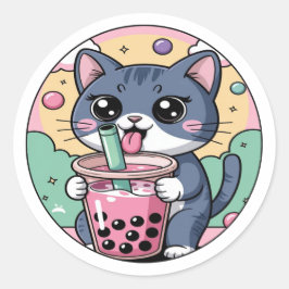Kawaii Cat with Bubble Tea - Cute Boba Älskare Sti Runt Klistermärke