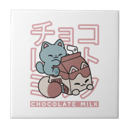 Kawaii Cat with Chocolate Milk – Japanese Pop Art  Kakelplatta