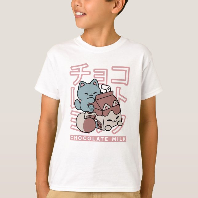 Kawaii Cat with Chocolate Milk – Japanese Pop Art  T Shirt (Framsida)