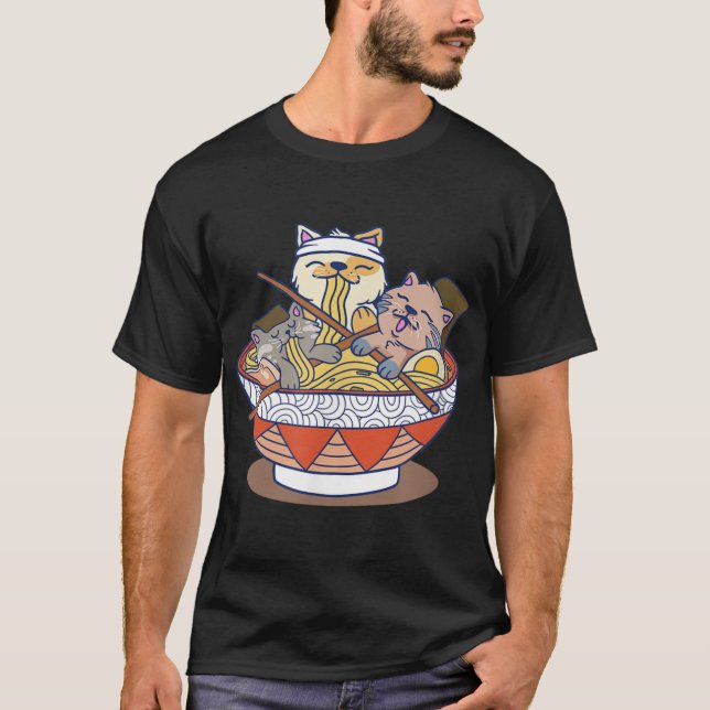 Kawaii Cats Anime Japansk Ramen Noodles T Shirt (Framsida)