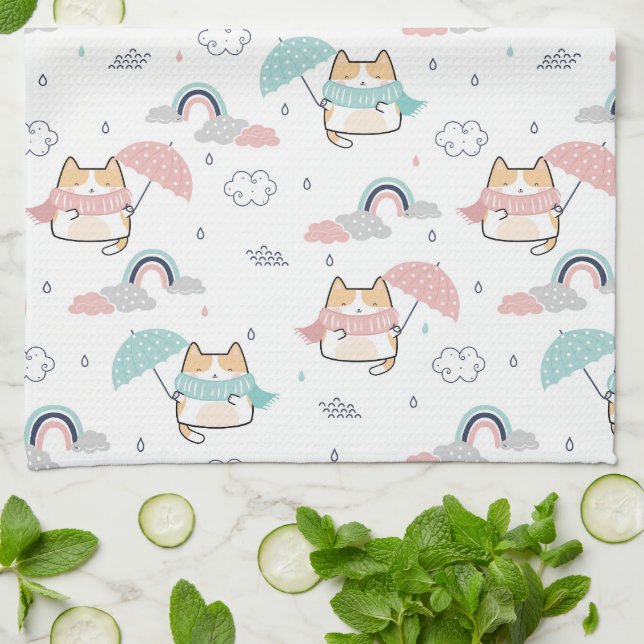 Kawaii Cats Rainy Day Mönster Kitchen Towel Kökshandduk (Vikta)