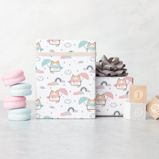 Kawaii Cats Rainy Day Mönster Wrapping Papper Roll Presentpapper (Baby Shower)