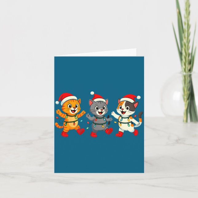 Kawaii Cats Santa Hat Dancing Lights Christmas Dan Kort (Framsida)