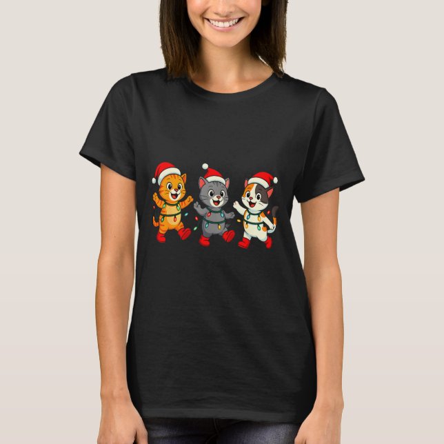 Kawaii Cats Santa Hat Dancing Lights Christmas Dan T Shirt (Framsida)