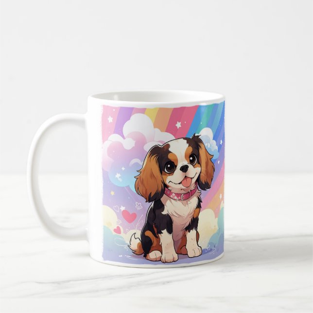 Kawaii Cavalier Kung Charles Pastel Rainbow Kaffemugg (Vänster)